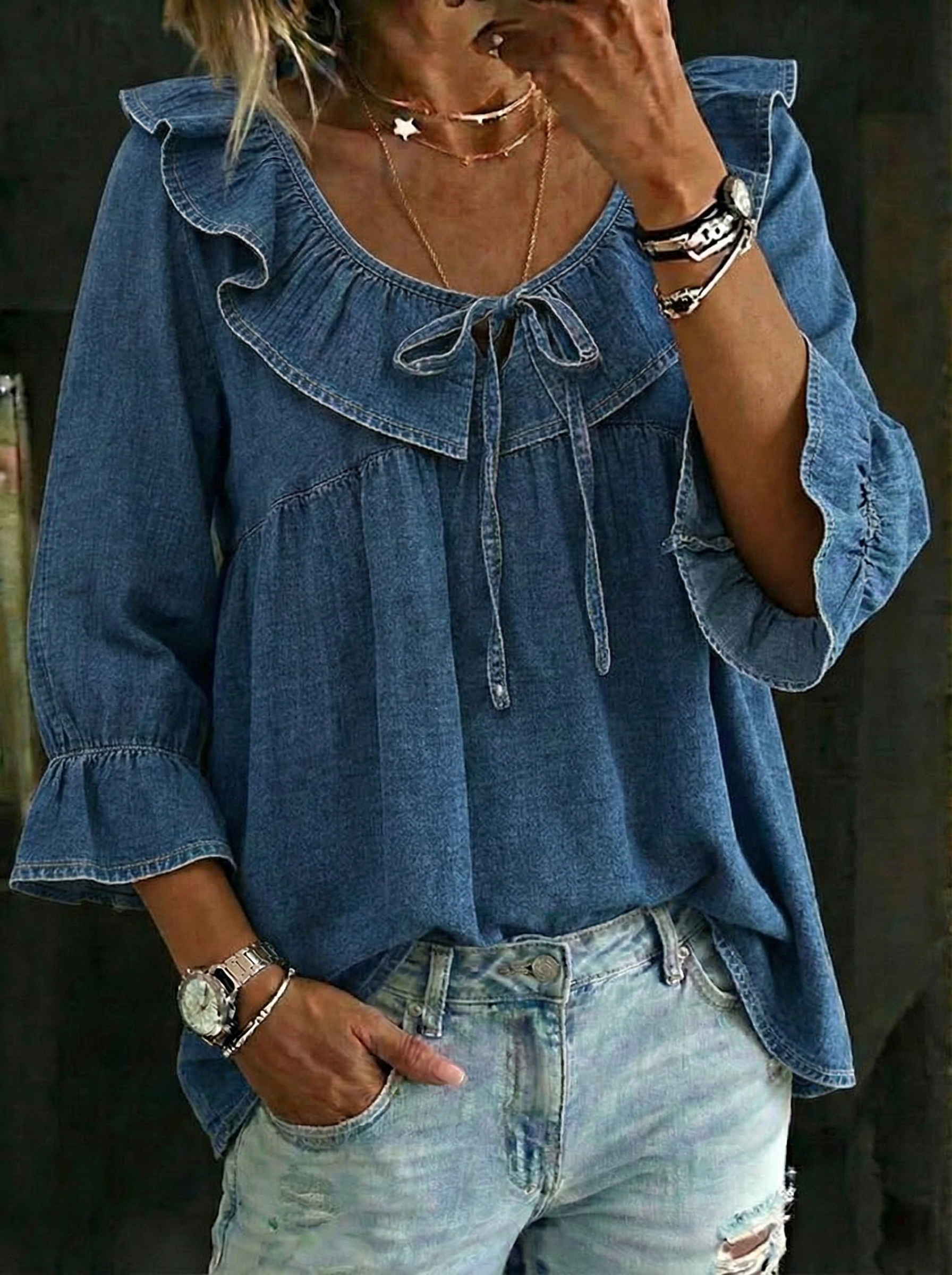 Women's Fashion Ruffled V-neck 3/4sleeved Loose-fitting Denim Top