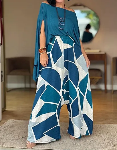 Women's Casual Solid Top & Printed Pants Set – Effortless Everyday Style