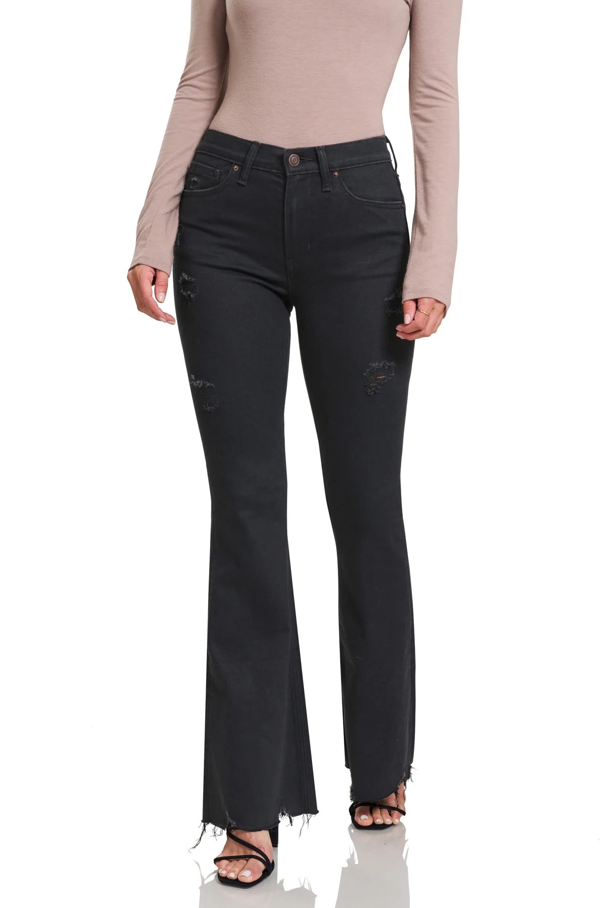 High-Rise Distressed Flare Jeans in Black