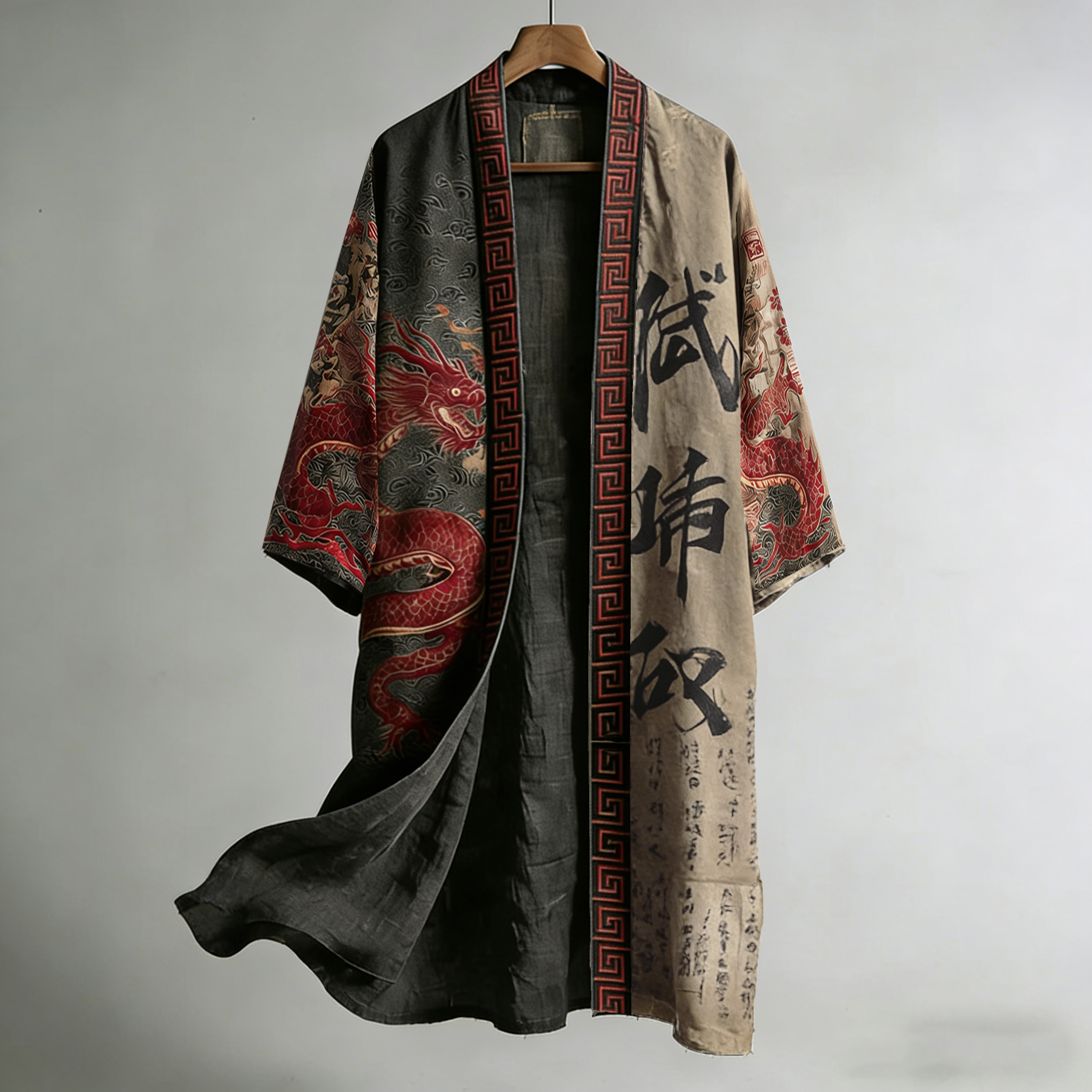 Retro Calligraphy And Dragon Pattern Linen Long Kimono