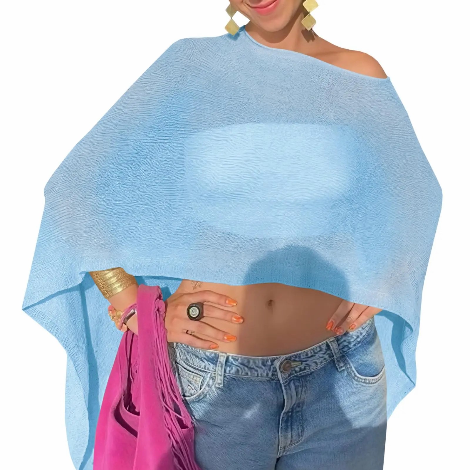 Womens Sheer Poncho Top Lightweight Knit Bolero Shrug Mesh Off The Shoulder Y2K Going Out Beach Swimsuit Coverup