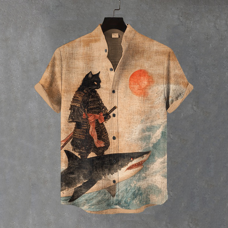 Men's Black Cat Samurai Surf Shark Art Print Shirt