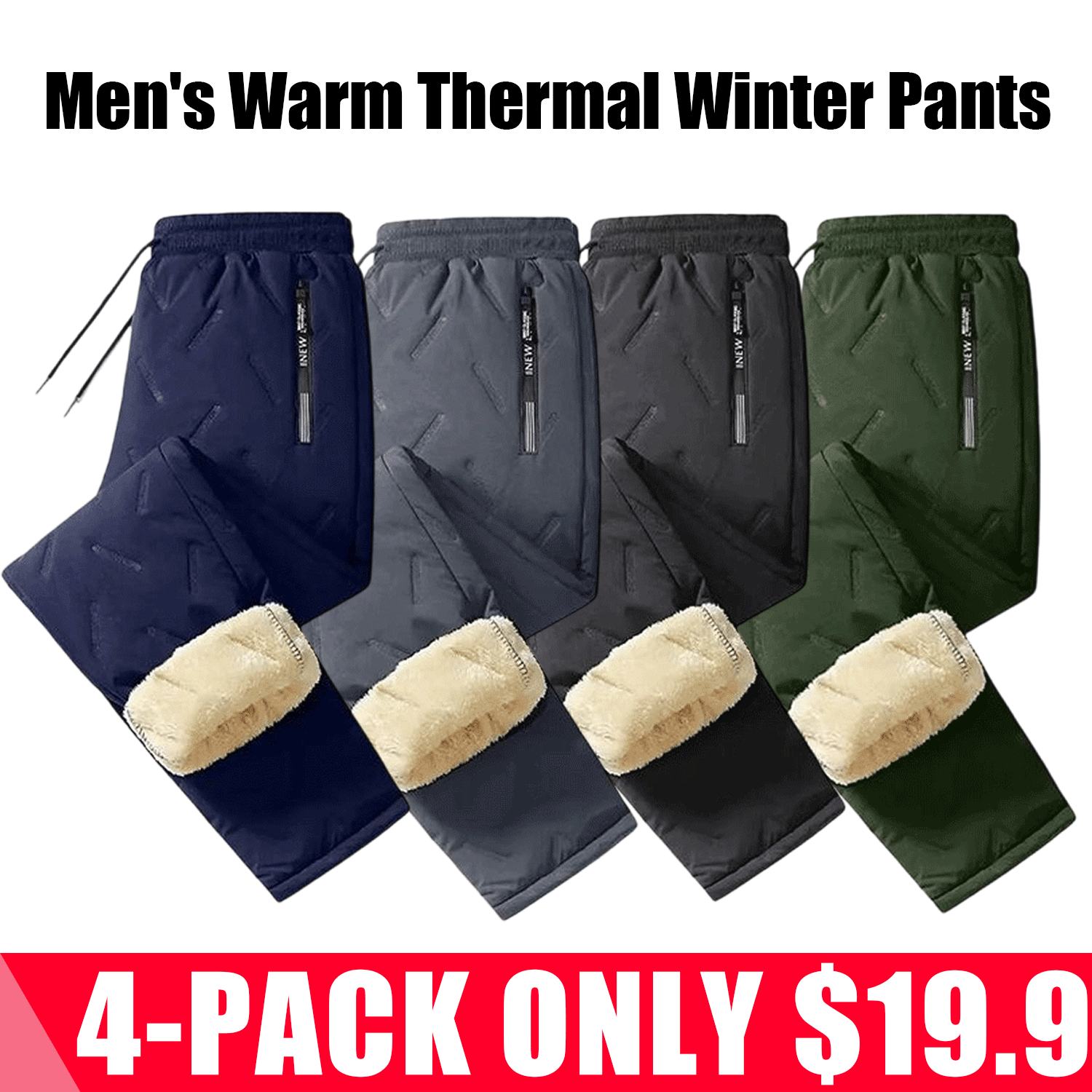 Men's Warm Thermal Winter Pants with Zippered Pockets
