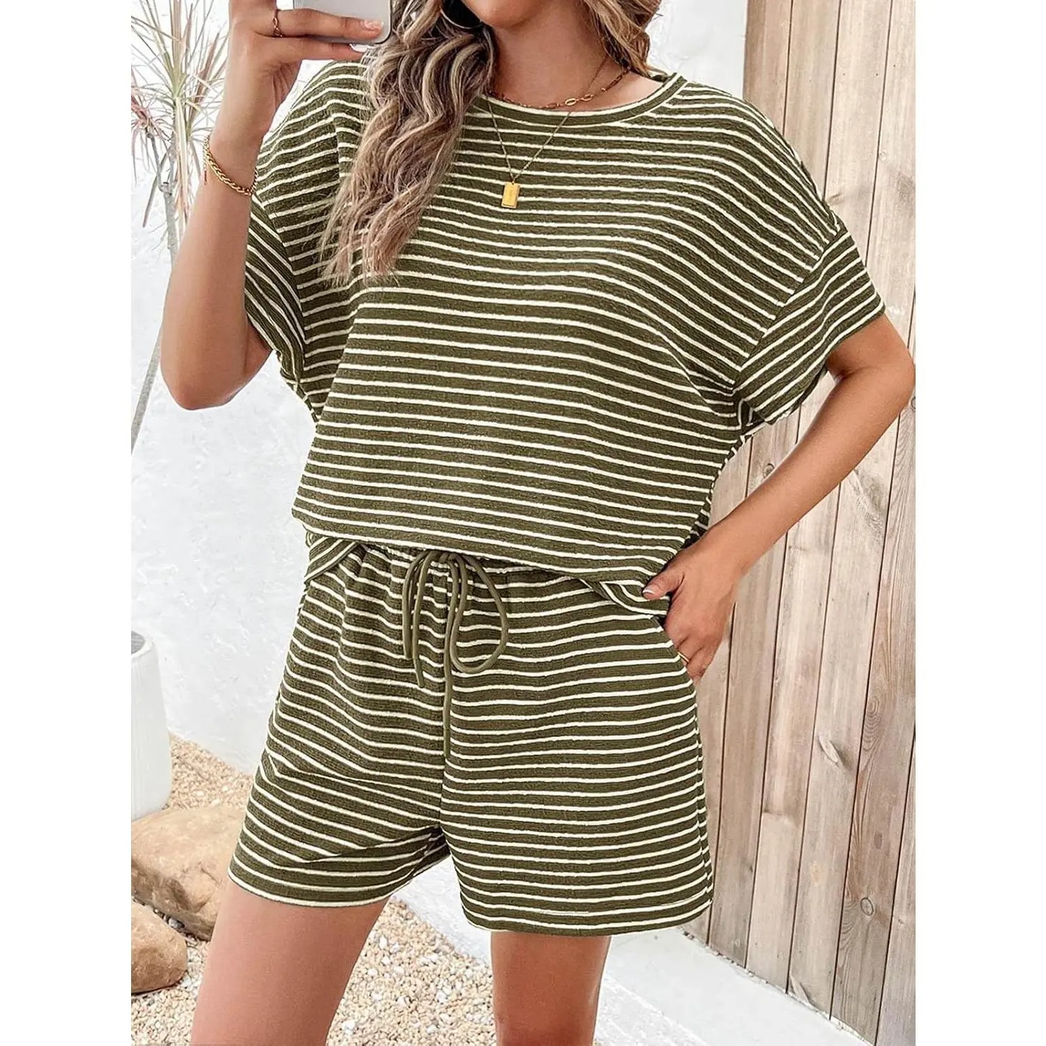 Womens Striped 2 Piece Lounge Sets Short Sleeve Oversized T Shirts Drawstring Shorts Matching Set