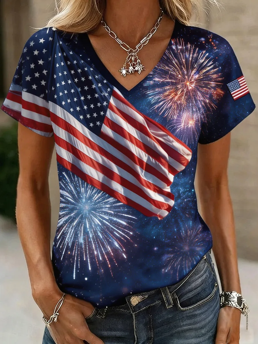 Women's American Flag & Firework Starry Sky V-Neck T-Shirt