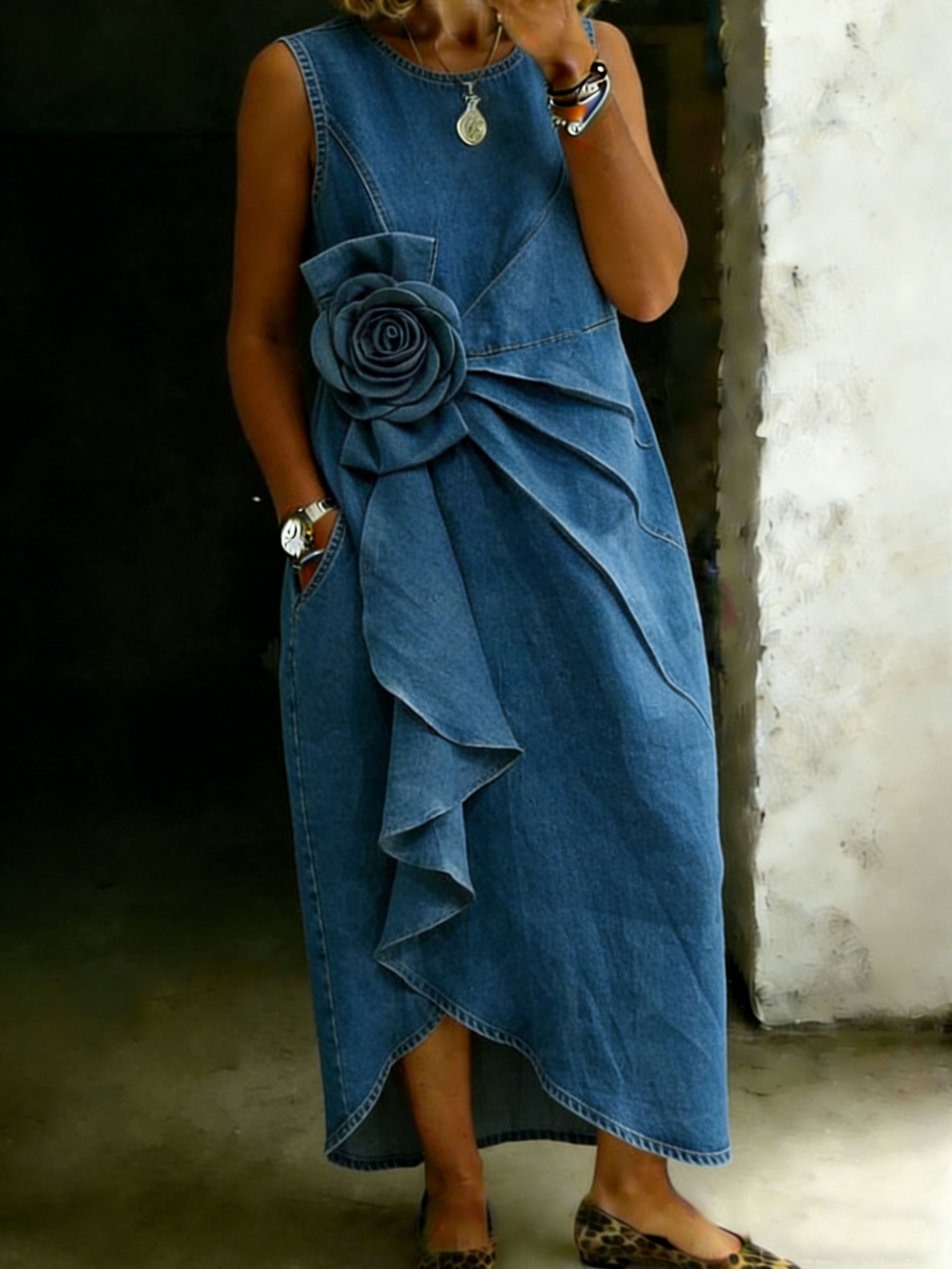 Women's Flower Elegance Chic Casual Denim Pocket Long Dress