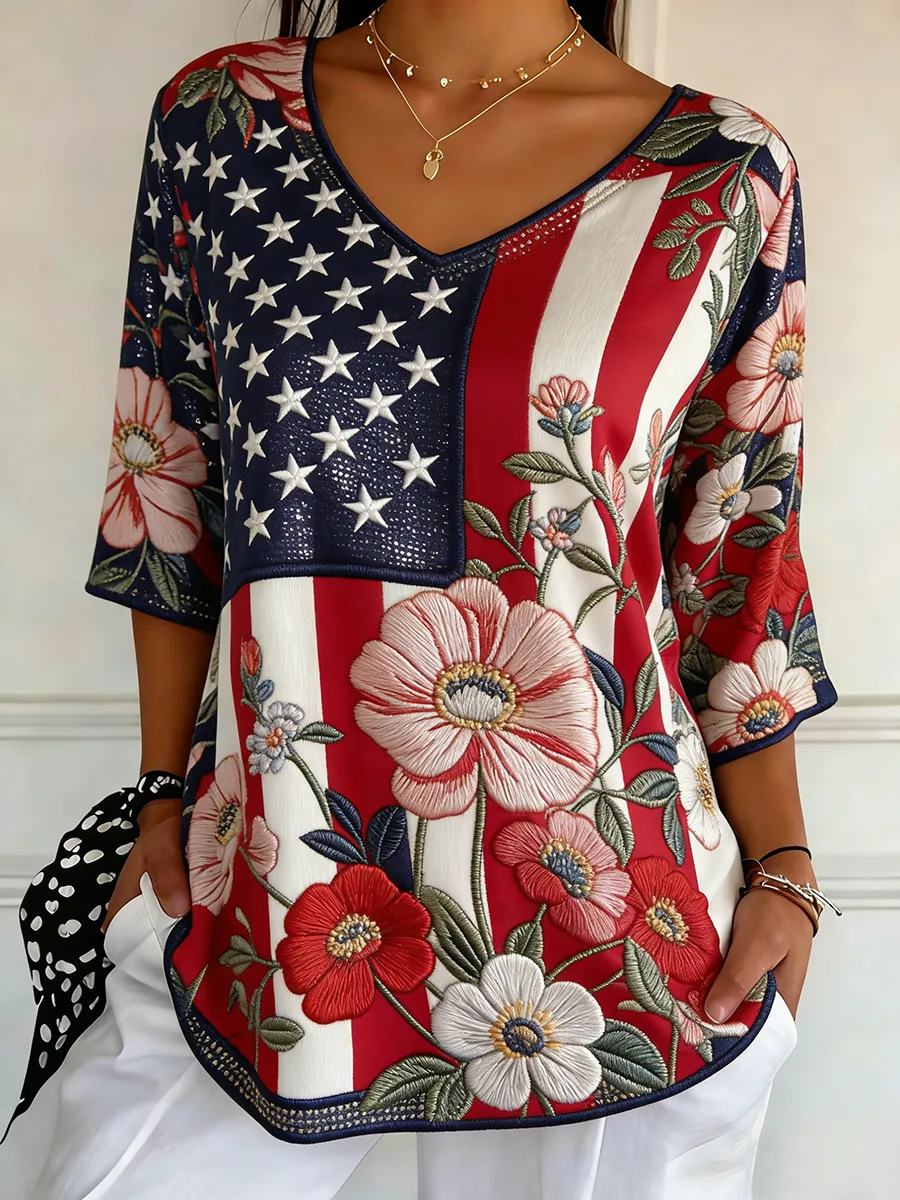 Women's Patriotic Large Floral Embroidered American Flag V-Neck Top