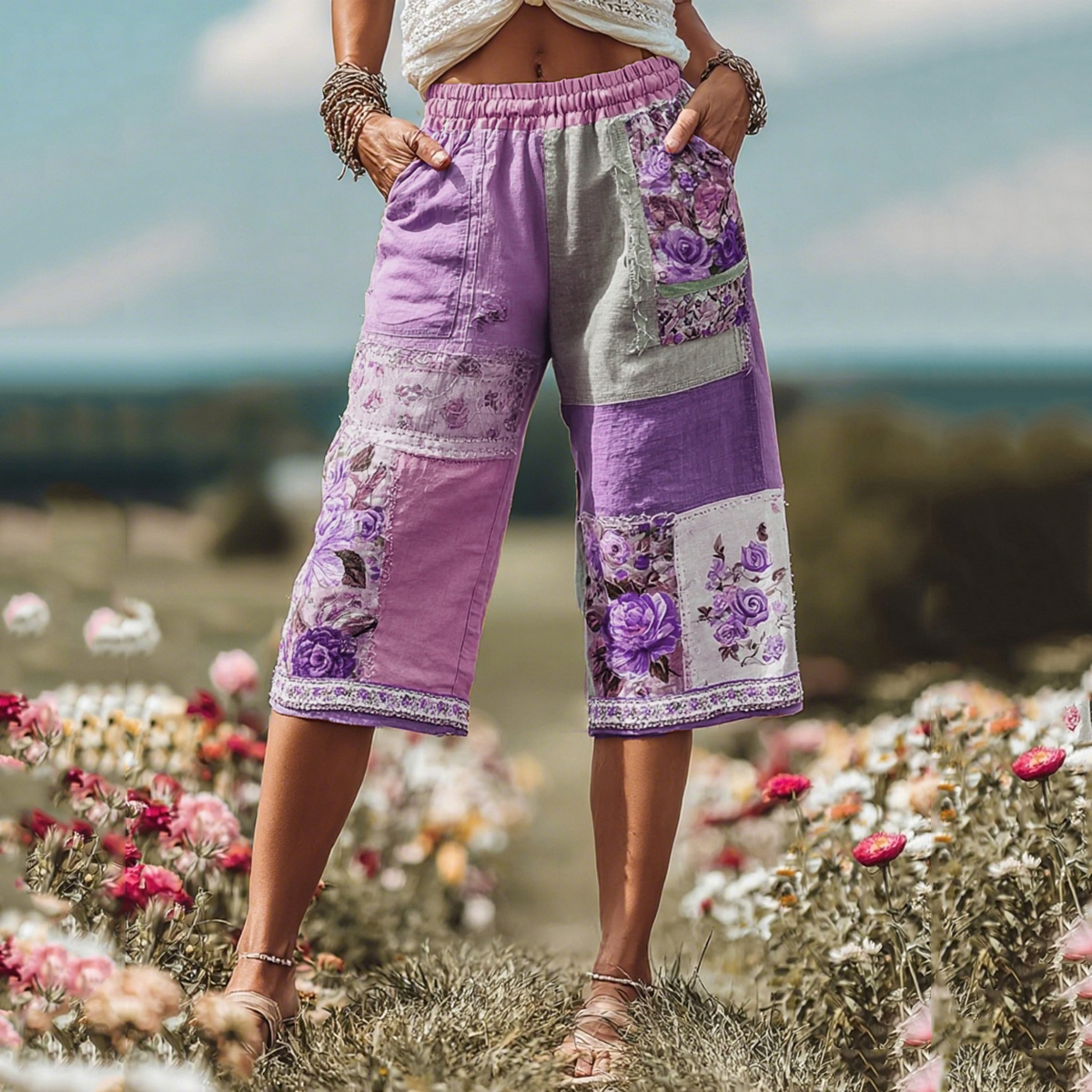 Women's Patchwork Rose Floral Contrast Waist Elastic Pocket Shorts