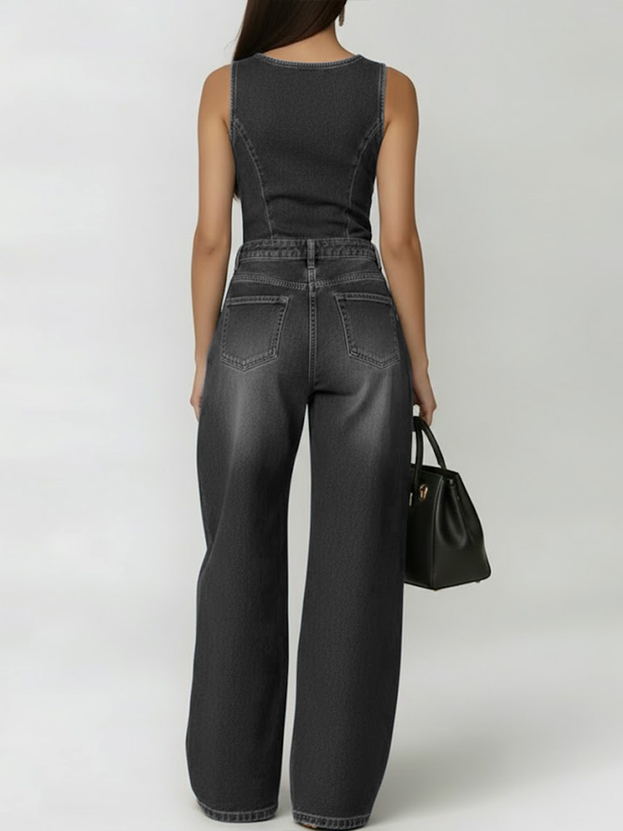Women's Round Neck Sleeveless Casual Loose Denim Wide-leg Jumpsuit