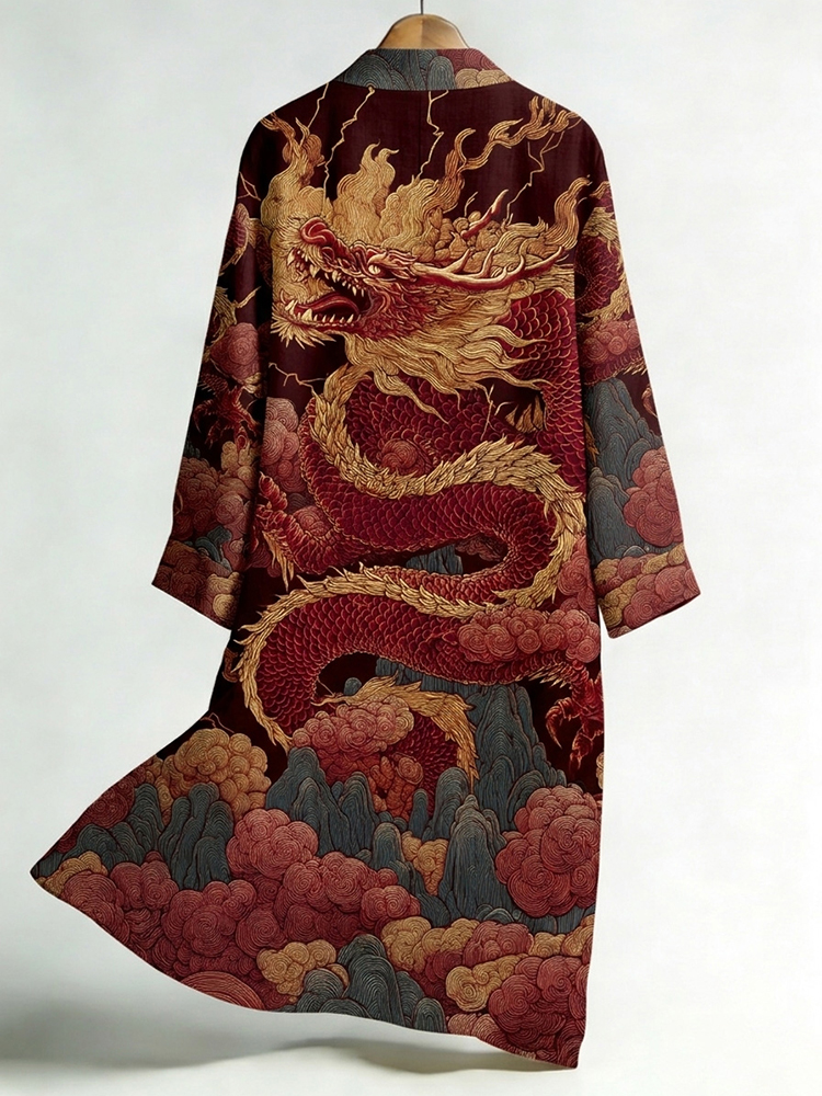 Men's Japanese Dragon Art Print Linen Long Kimono