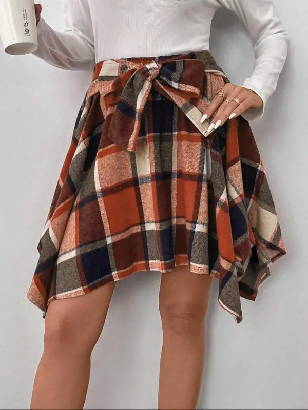 Women's Fashion Plaid Print Asymmetrical Hem High Waisted Skirt