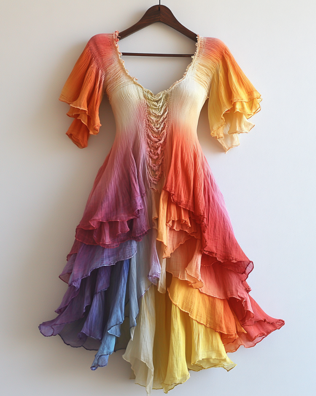 Rainbow Tie-Dye Ruffle Short Sleeve Chiffon Dress  8f52