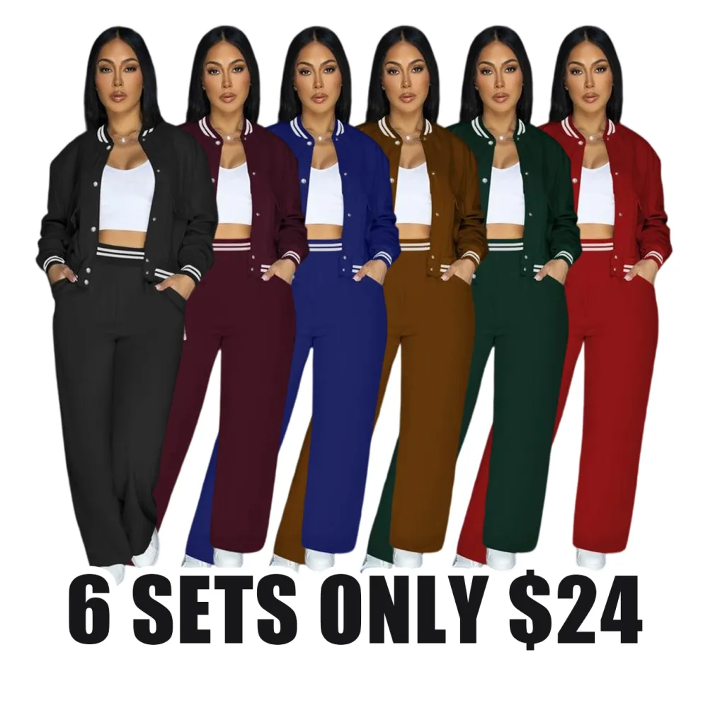 Women’s Solid Color 2-Piece Athletic Set – Baseball Jacket & Pocket Pants