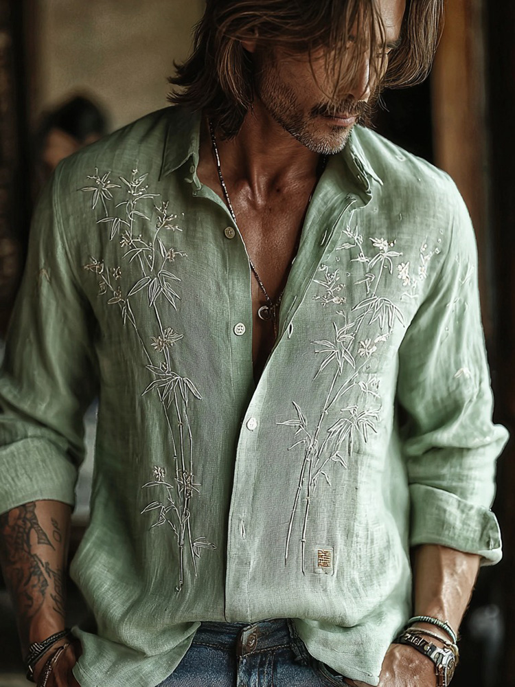 Men's Retro Bamboo Art Linen Long Sleeves Shirt
