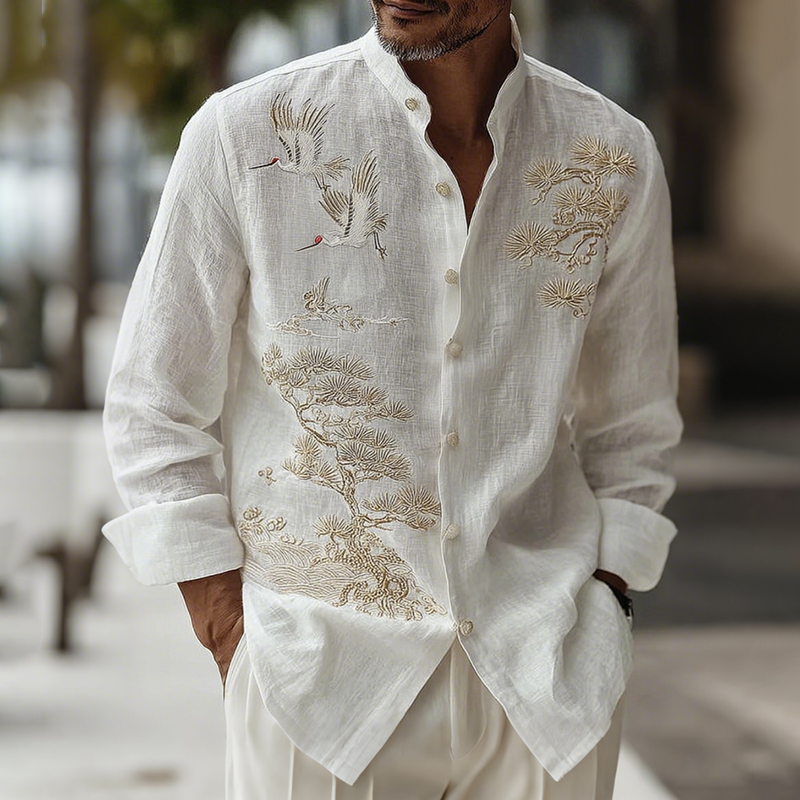 Men's Japanese-style Pine Tree With Cranes Pattern Linen Blend Shirt