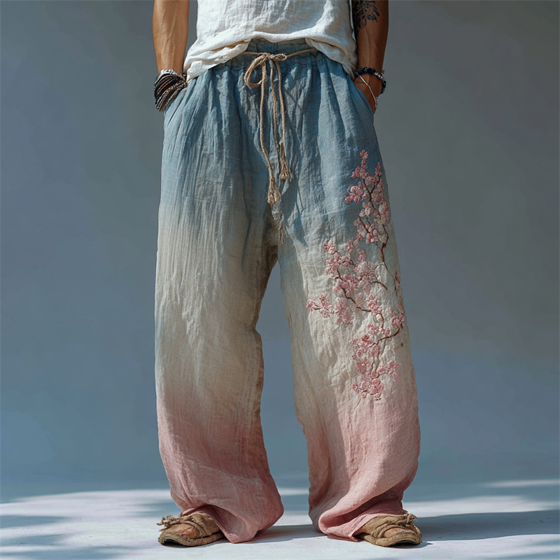 Men's Vintage Japanese Cherry Blossom Gradient Linen Pants