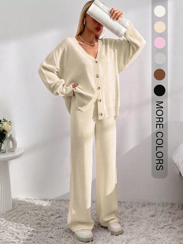 Women’s Cozy Knit Cardigan & Wide-Leg Pants Set – Relaxed Button-Up Lounge Outfit
