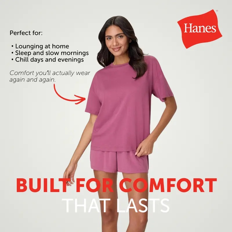 Hanes Originals 2 Piece Lounge Set Comfywear Supersoft Boxy T-shirt & Sleep Shorts Loungewear Women's Comfortable Fit Soft Stretch Fabric Breathable Hla202
