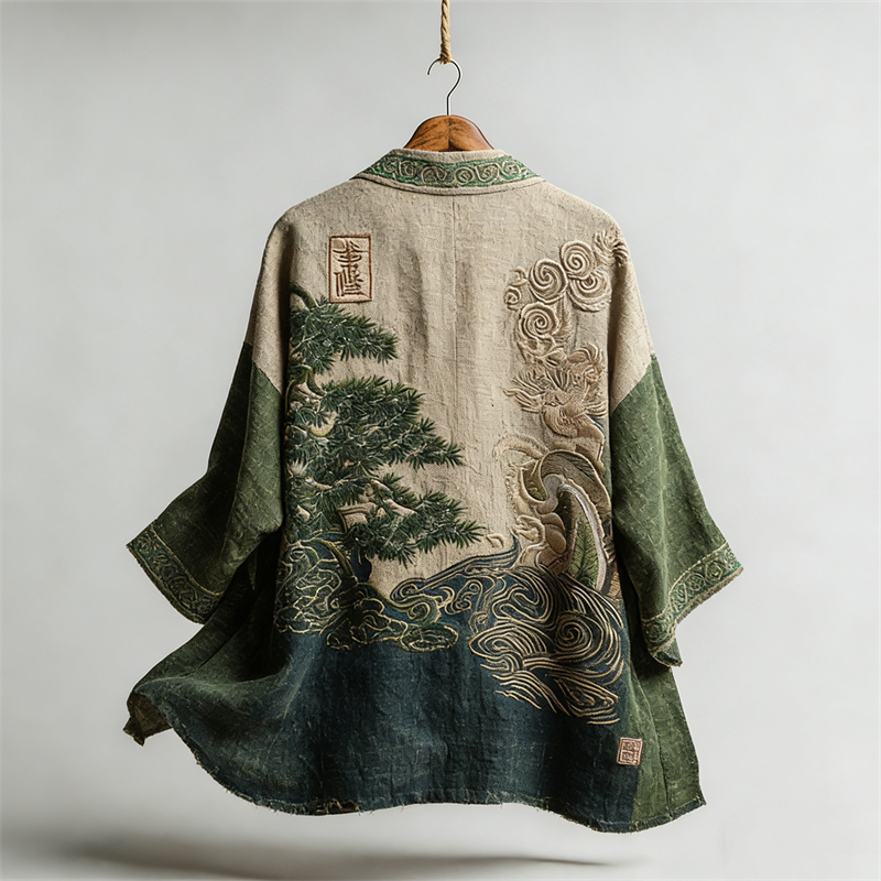 Japanese Pine Trees Sea Waves Contrast Linen Kimono