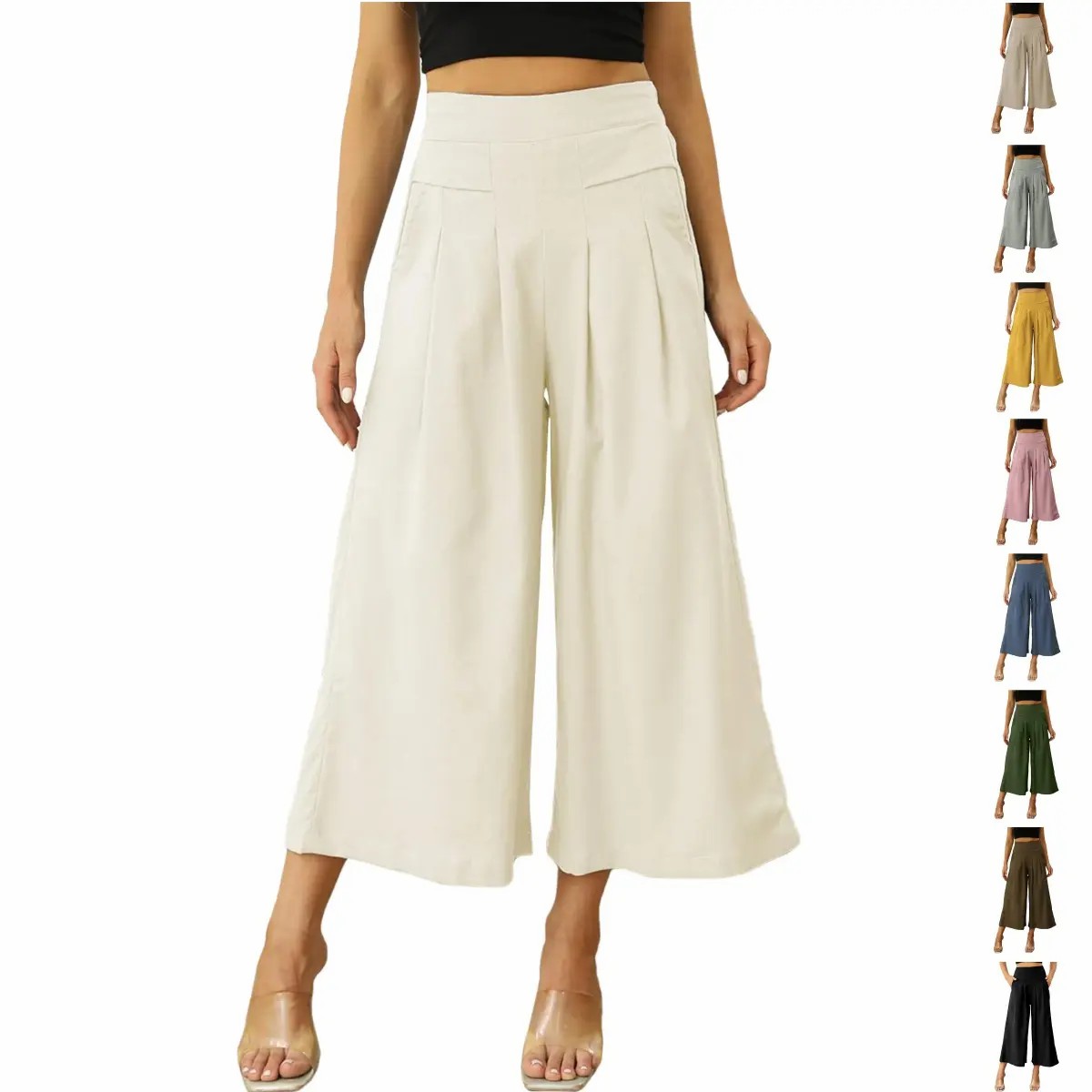 【Stock Up Deals】Women's Cotton Linen Culottes Pants Elastic Waist Wide Leg Palazzo Trousers Capri Pants with Pockets