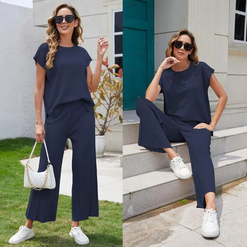 Women's Knit Pullover Tops High Waisted Pants Set