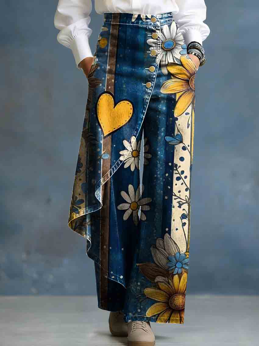 Women's Vintage Denim Striped Yellow Daisies Art Stylish Design High-waisted Relaxed Fit Wide-leg Jeans