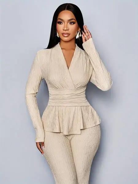 Women's Elegant V Neck Long Sleeve T-Shirt And Wide Leg Pants Two Piece Set