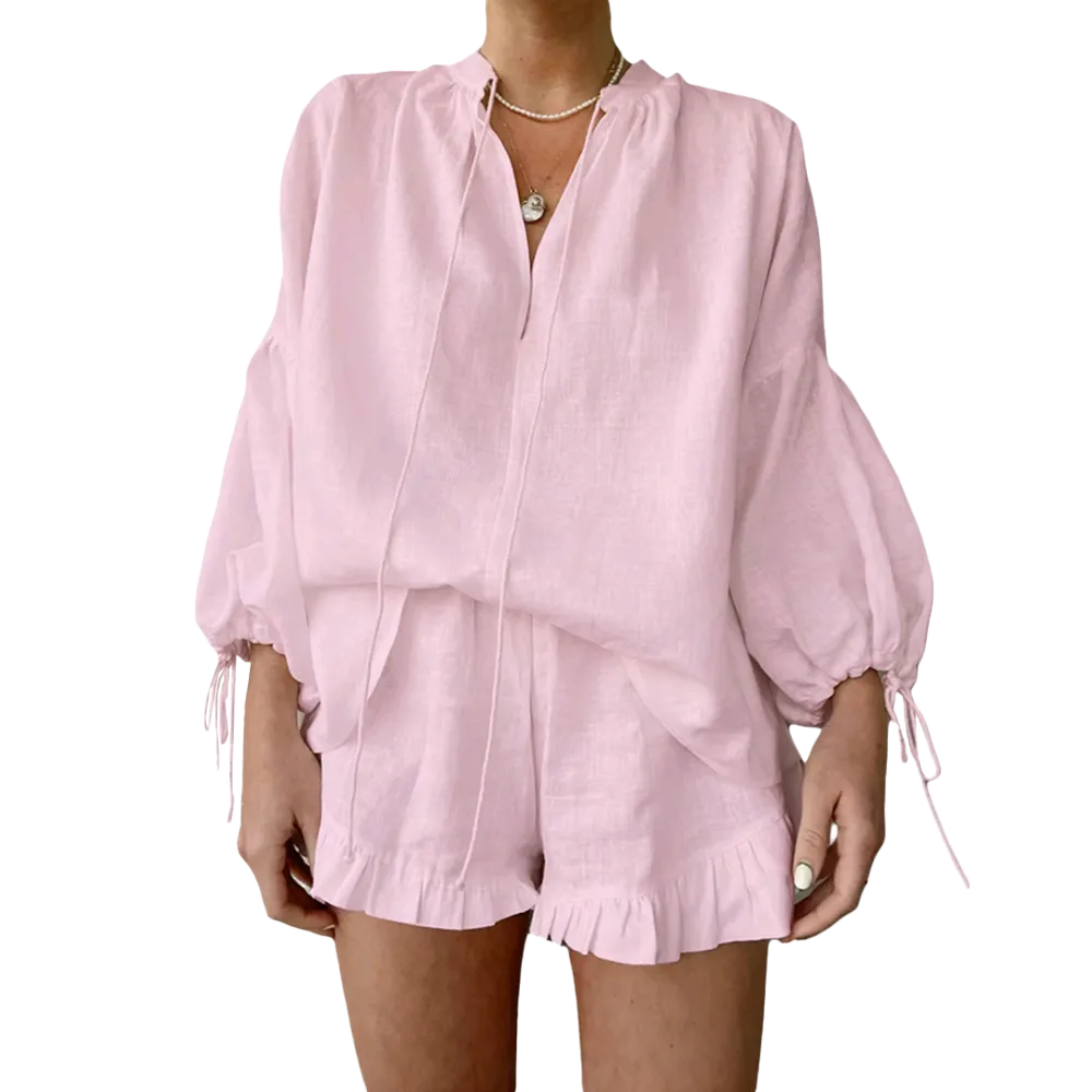 Women's 2-Piece Summer Shorts Set – Long Sleeve Tie-Up V-Neck Top & Elastic Waist Shorts, Casual Solid Color Outfit
