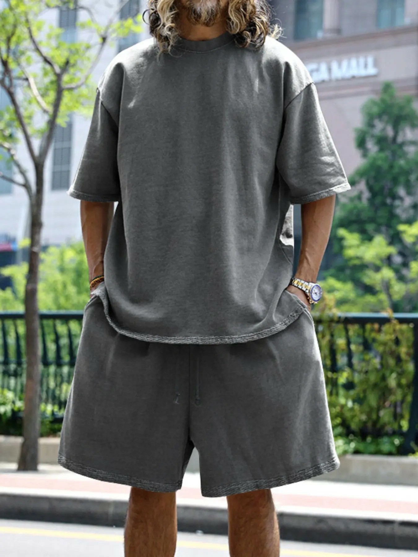 Men's Summer Casual Set, Pure Color Round Neck Short Sleeve Tee & Shorts