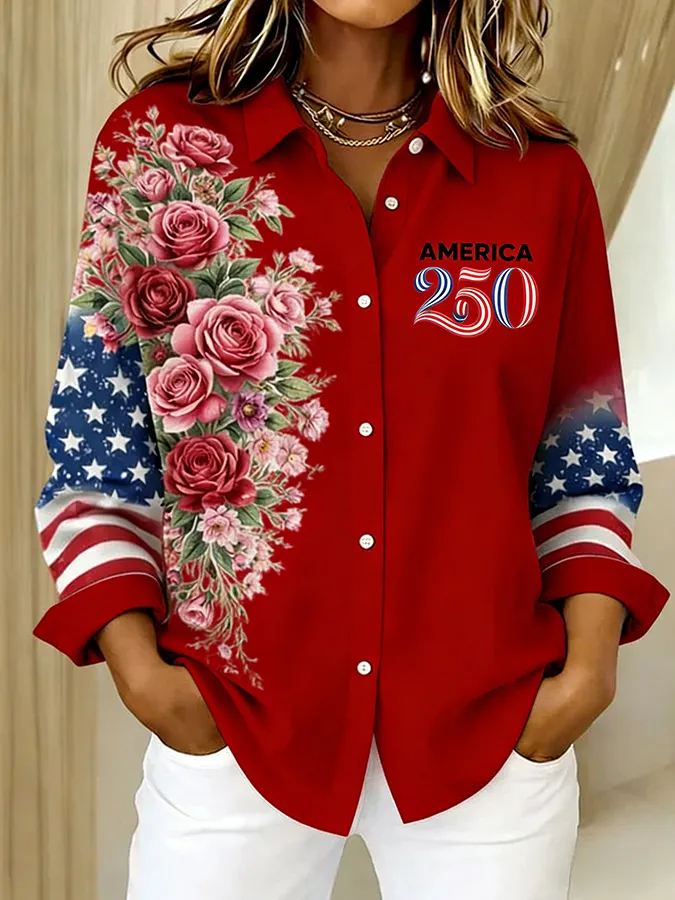 Ladies' Casual 250Th Anniversary Celebration Lapel Button Up Shirt