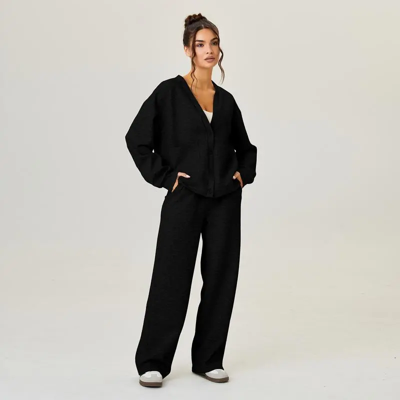 Women's Slouchy Solid Color V Neck Long Sleeve Button Cardigan & Drawstring Waist Trousers Co-ord