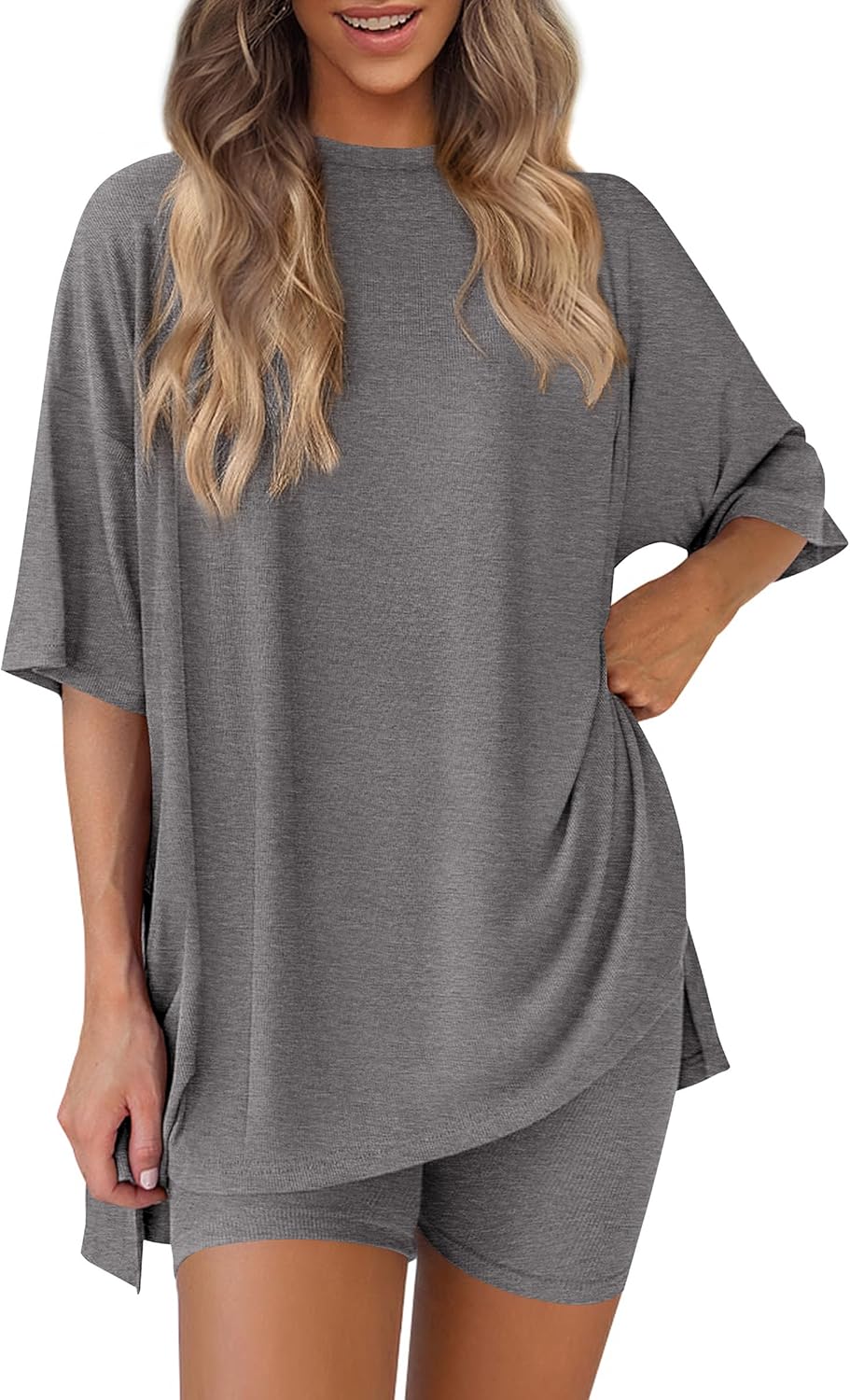 Women 2 Piece Lounge Set 2026 Summer Casual Oversized Shirts Biker Shorts Matching Airport Travel Outfit Clothes