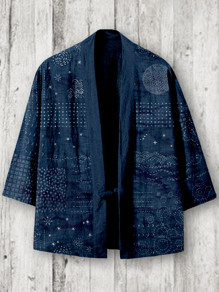 Vintage Japanese Sashiko Art Linen Blend Kimono Cardigan