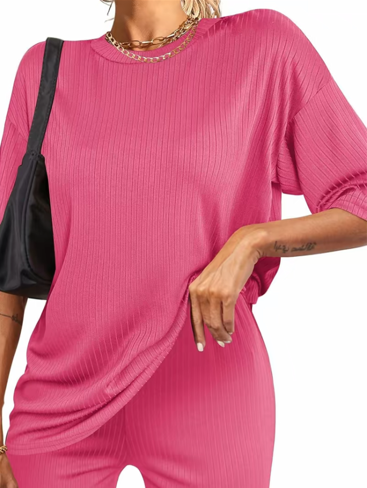 Summer Ribbed Lounge Set - Stretch T-shirt and Cycling Shorts | Breathable Loungewear