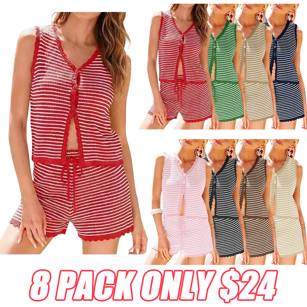 Women's Striped 2 Piece Lounge Set - Knit Vest & Shorts Y2K Casual Summer Matching Outfit