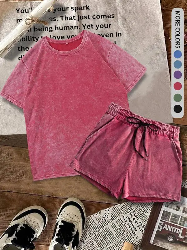 Women's 2-Piece Summer Set – Fitted Cotton Tee & Denim-Print Shorts