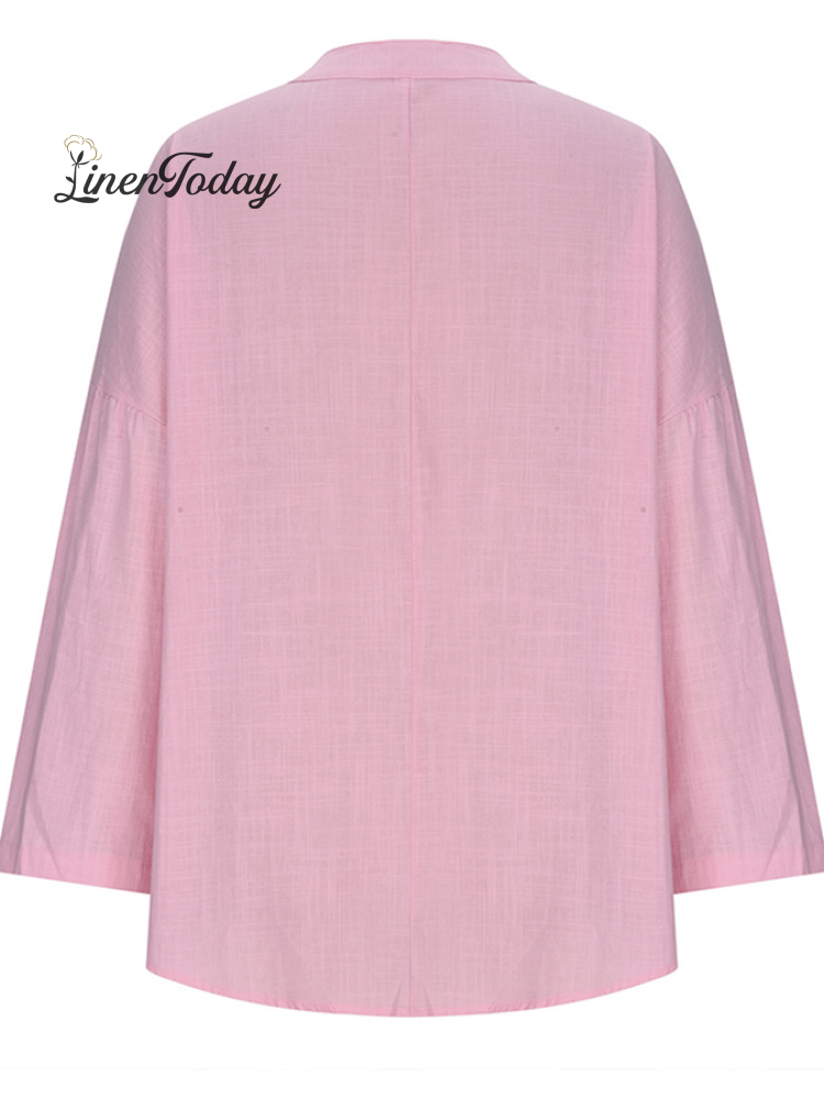 Women's Cotton Long Sleeve Round Neck Solid Color Loose Beach Shirt