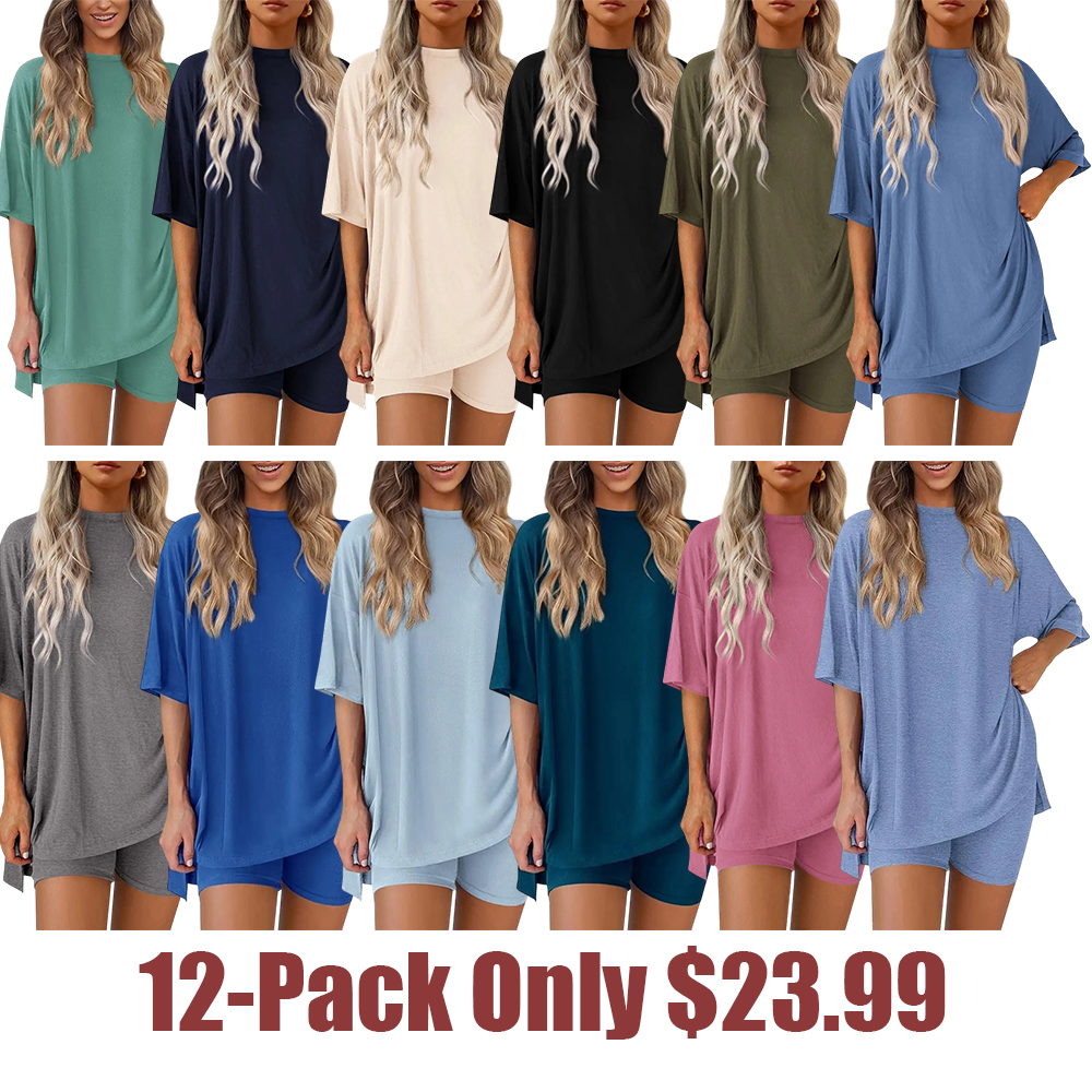 Two-Piece Set For Women Summer Casual Oversized Split Hem Shirts & Side Pocket Biker Shorts Minimalist Lounge Wear Soft Viscose Fabric