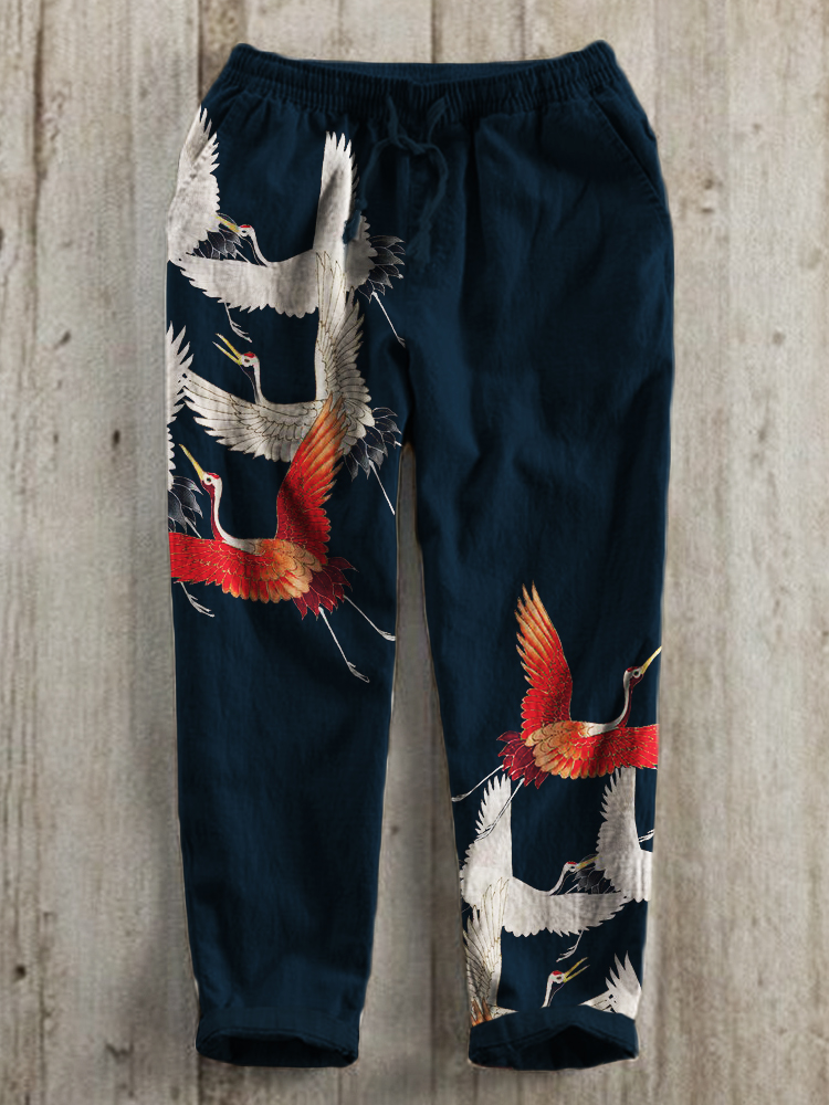 Cranes Japanese Art Linen Blend Casual Pants