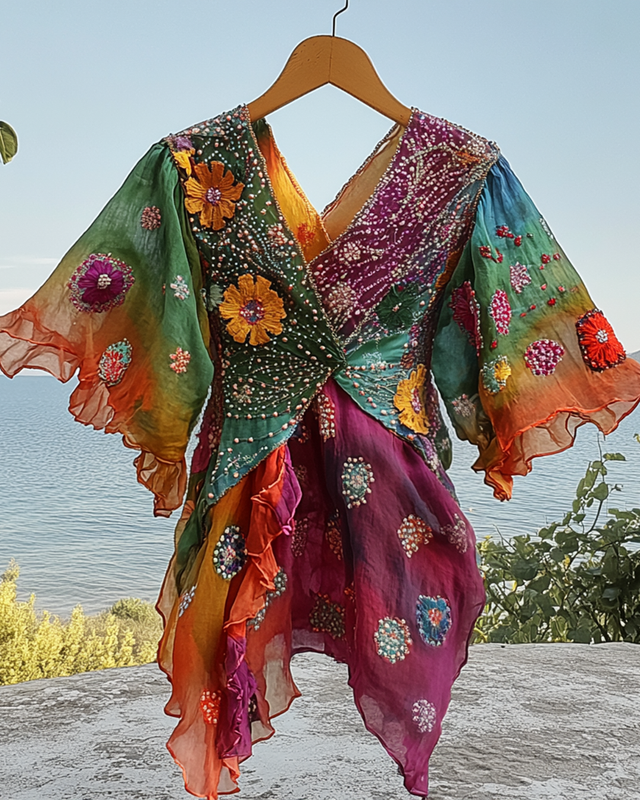 Summer Vacation Colorful Floral Sequins Beaded Ruffle Top fdb2
