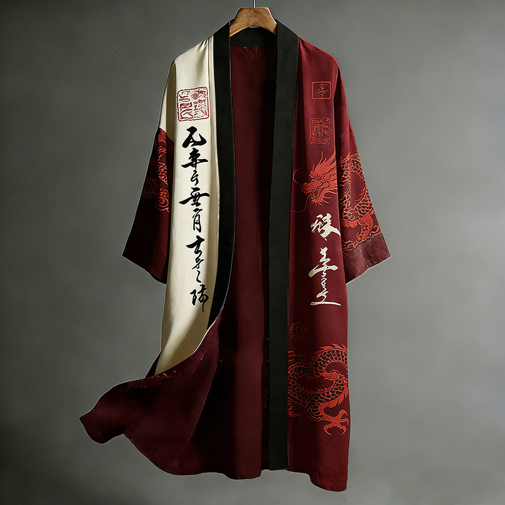 Retro Japanese Dragon Art Flowing Black And Red Contrasting Linen Long Kimono