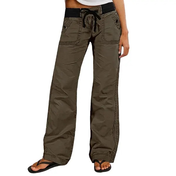 Women's Solid Seam Detail Drawstring Mid Rise Straight Leg Pants High Stretch Fabric