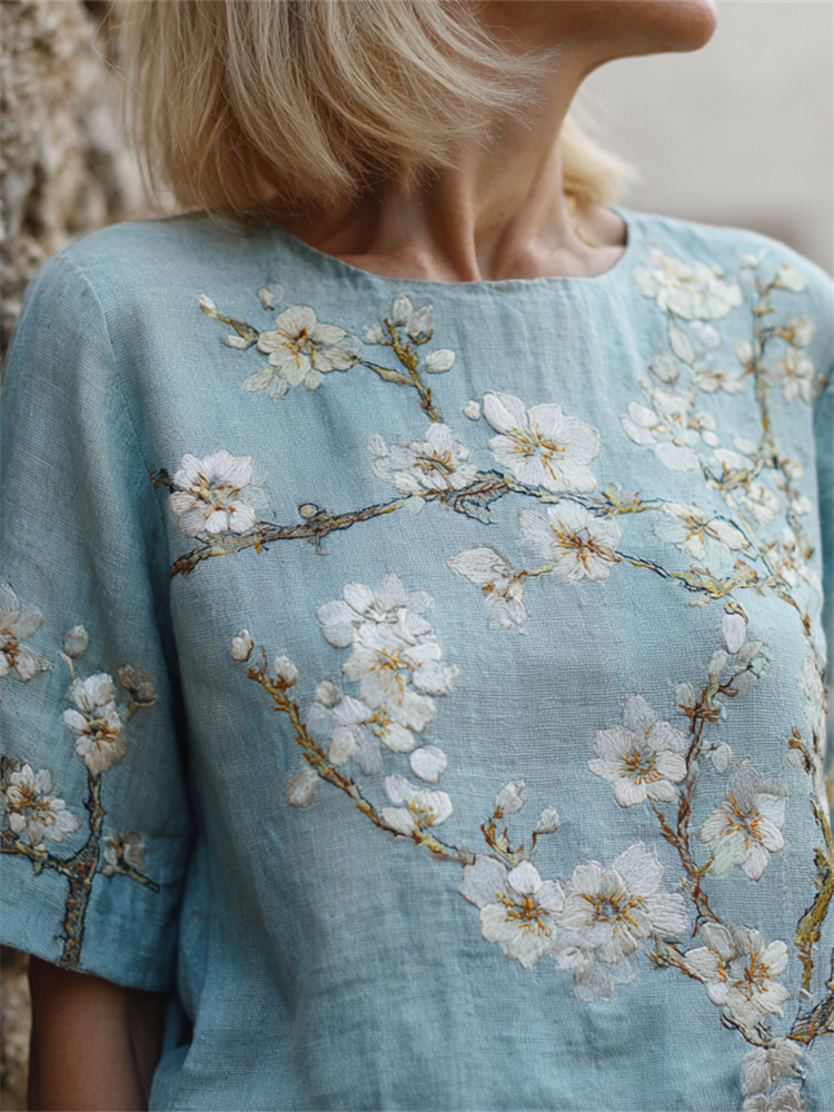 Oil Painting Inspired Almond Blossom Embroidered Linen Tunic