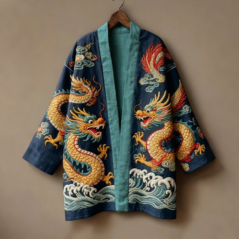 Men's Japanese Dragon And Wave Pattern Yam Kimono