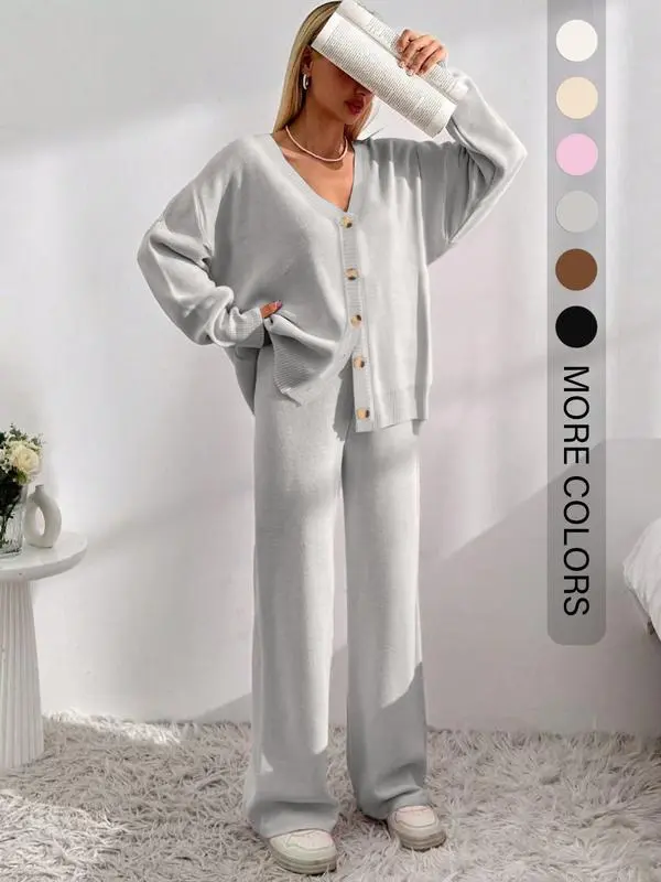 Women’s Button Front Knit Cardigan & Wide Leg Pants Two-Piece Set