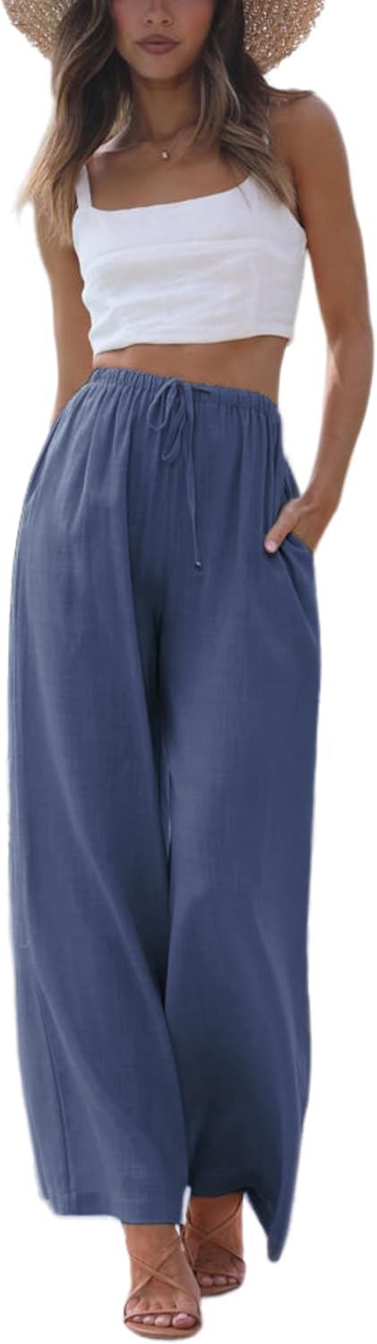 Faleave Women's Cotton Linen Summer Palazzo Pants Flowy Wide Leg Beach Trousers with Pockets