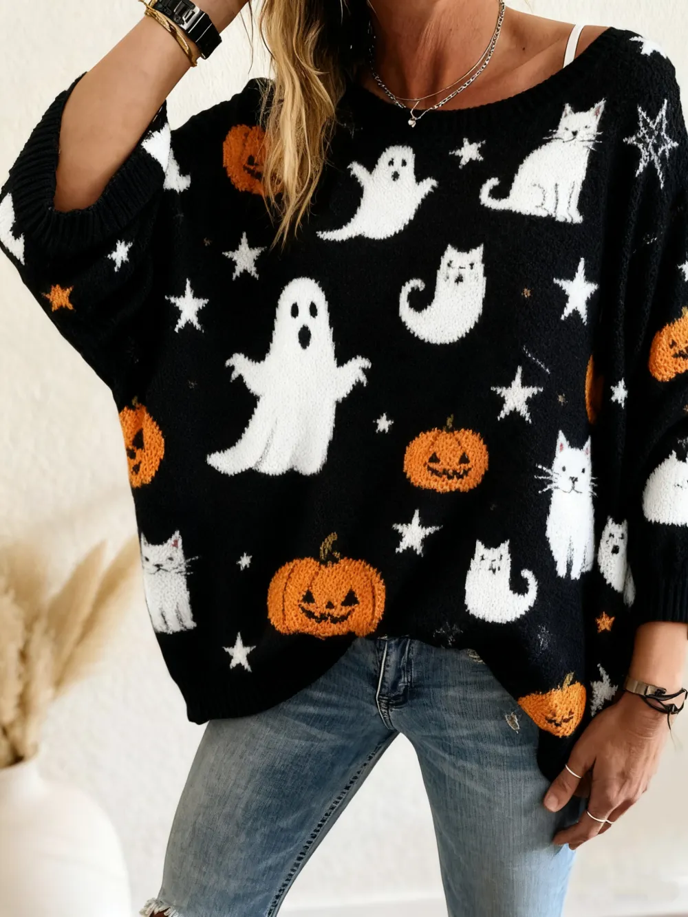 Women's Halloween Pumpkin Print Long Sleeve Knit Top