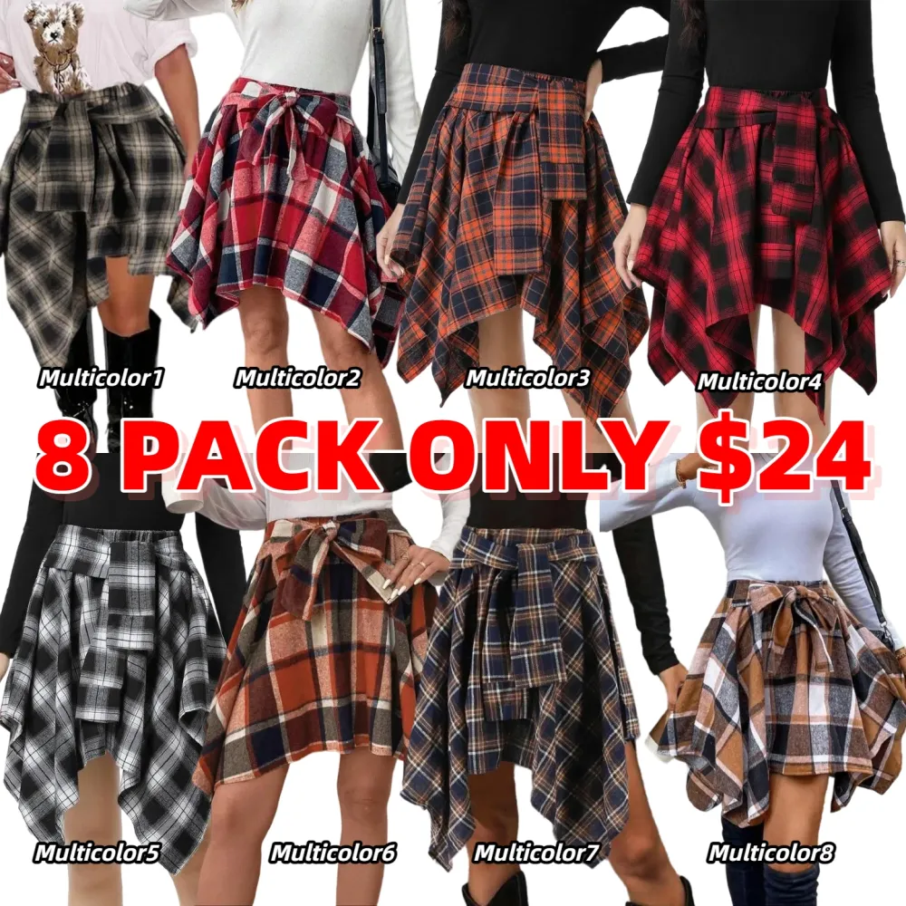 Women's Fashion Plaid Print Asymmetrical Hem High Waisted Skirt