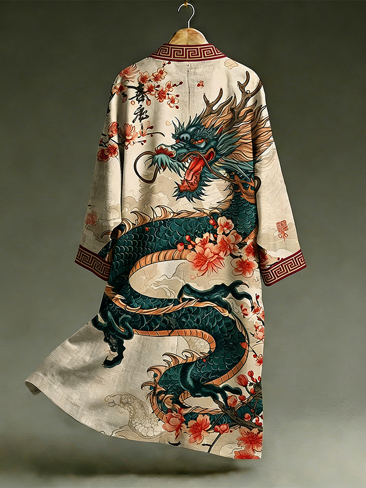 Japanese Style Retro Dragon And Floral Art Pattern Casual Kimono