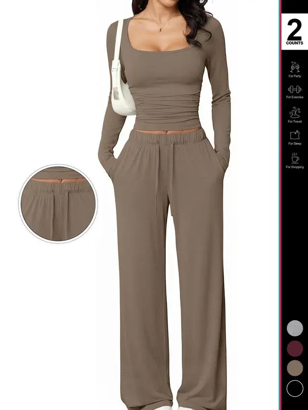 Women’s 2-Piece Lounge Set Square Neck Crop Top & Wide Leg Pants